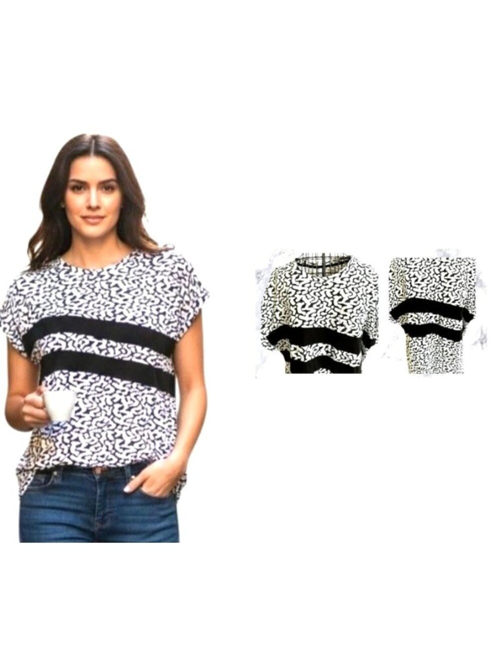 NWT Kinesis Pullover Top XL Black White Stripe Abstract Dolman Sleeves Workwear - Picture 3 of 12
